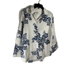 Chicos 100% Linen No Iron Floral Stamp Print Ink Blue 1.5 Button Up Blouse M 10